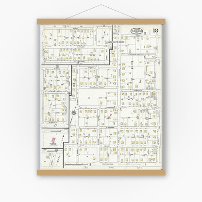 Old map wall art mockup — magnetic wood frame on white wall — Sanborn Fire Insurance Map from Cleburne, Johnson County, Texas (1918), Sheet #0018