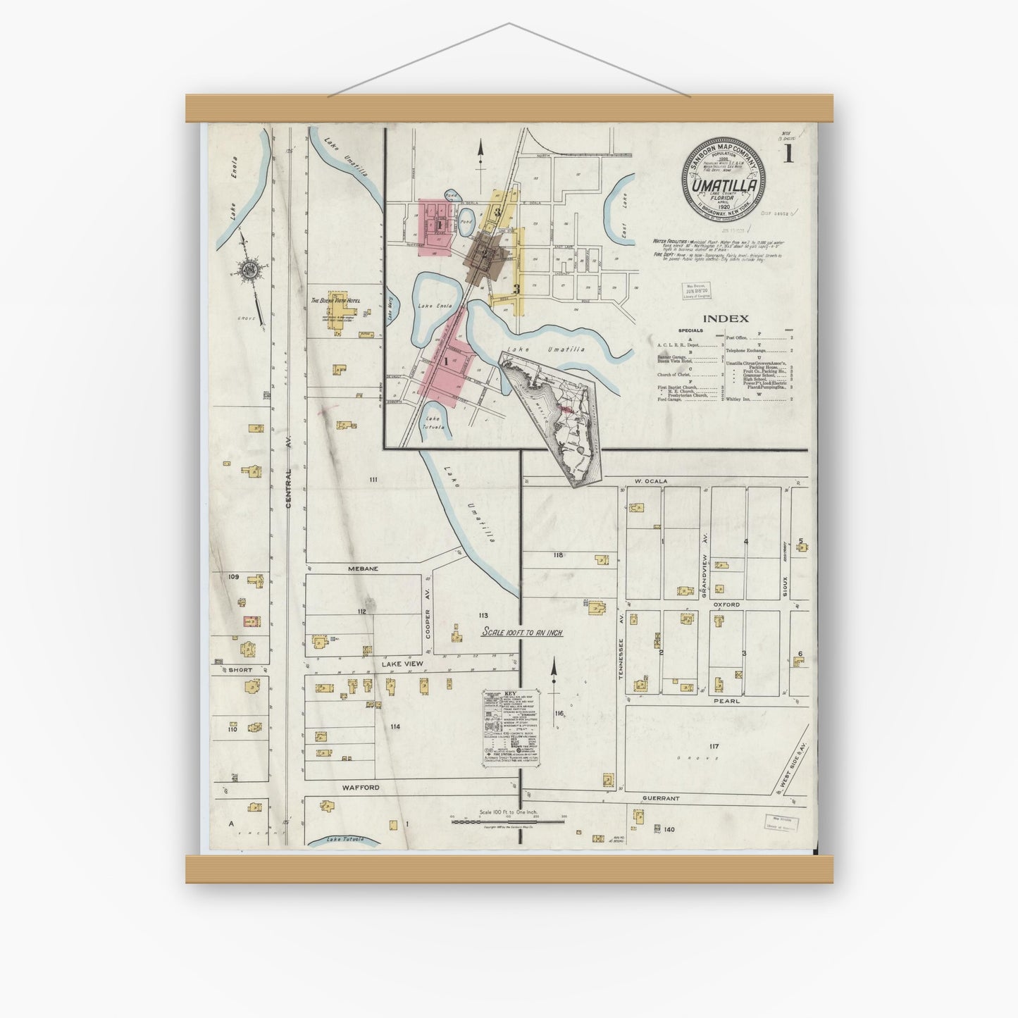 Old map wall art mockup — magnetic wood frame on white wall — Sanborn Fire Insurance Map from Umatilla, Lake County, Florida (1920) - Complete Map Set