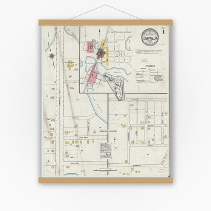 Old map wall art mockup — magnetic wood frame on white wall — Sanborn Fire Insurance Map from Umatilla, Lake County, Florida (1920) - Complete Map Set