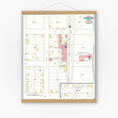 Old map wall art mockup — magnetic wood frame on white wall — Sanborn Fire Insurance Map from Lyons, Clinton County, Iowa (1917), Sheet #0010