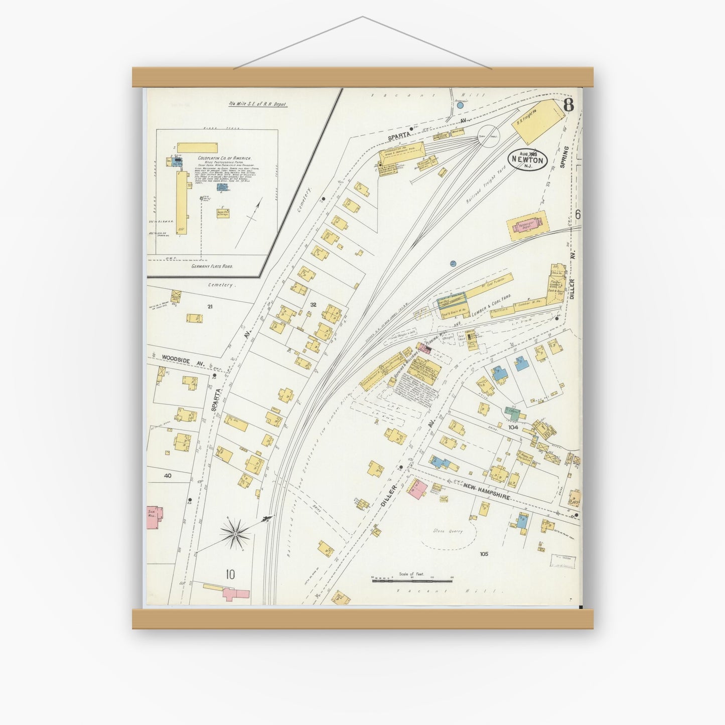 Old map wall art mockup — magnetic wood frame on white wall — Sanborn Fire Insurance Map from Newton, Sussex County, New Jersey (1903), Sheet #0008