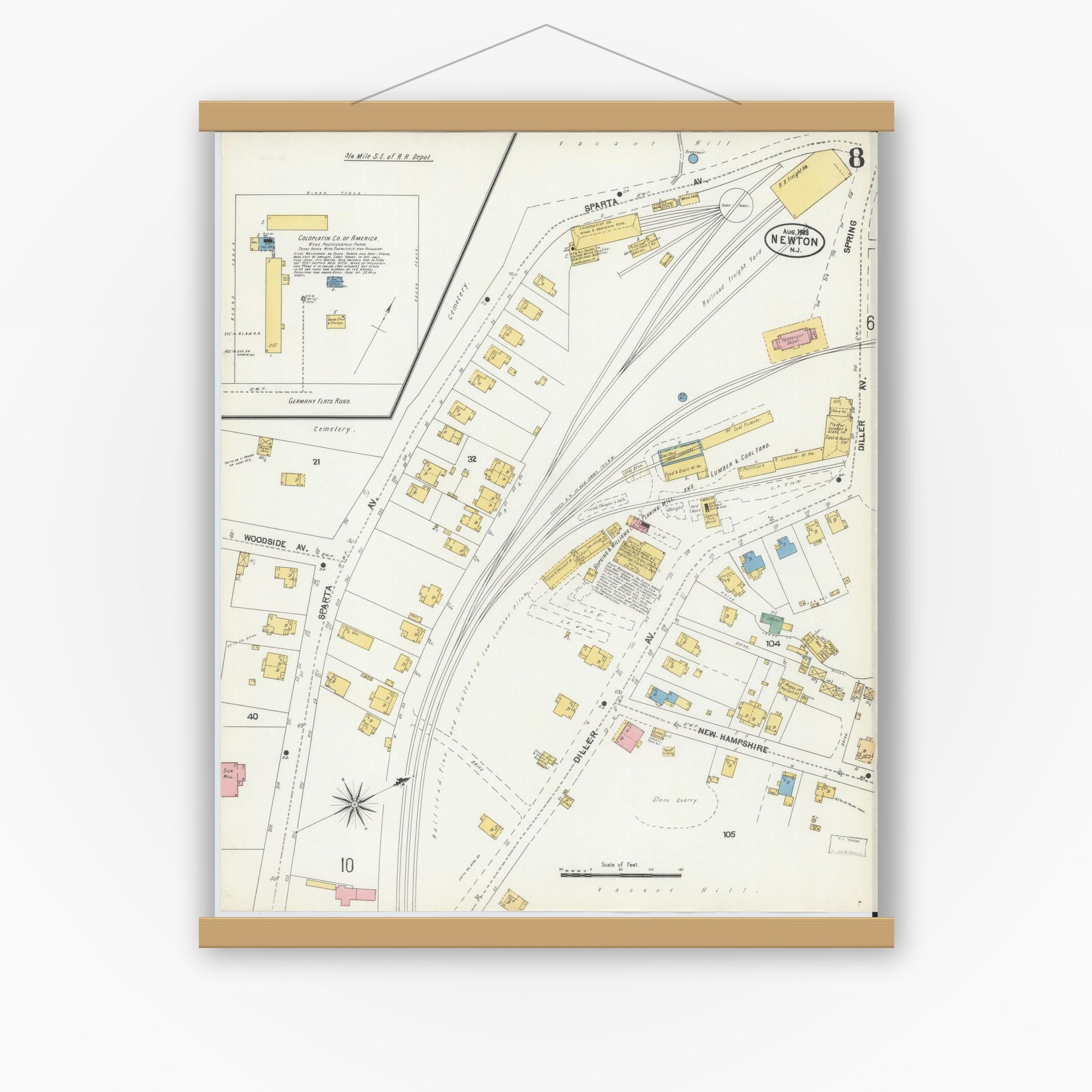 Old map wall art mockup — magnetic wood frame on white wall — Sanborn Fire Insurance Map from Newton, Sussex County, New Jersey (1903), Sheet #0008