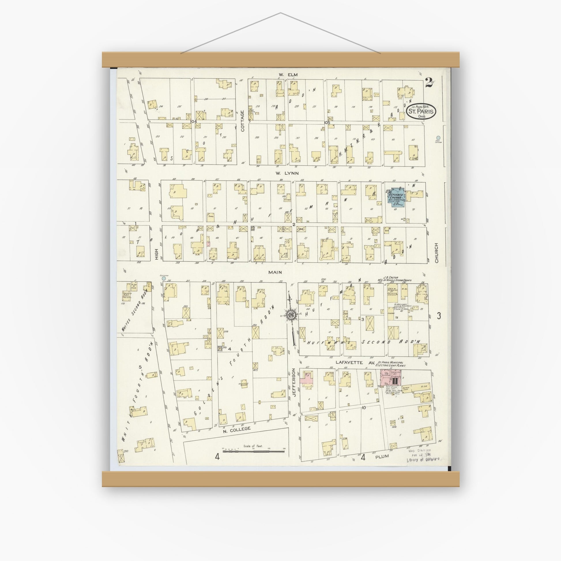 Old map wall art mockup — magnetic wood frame on white wall — Sanborn Fire Insurance Map from Saint Paris, Champaign County, Ohio (1914), Sheet #0002