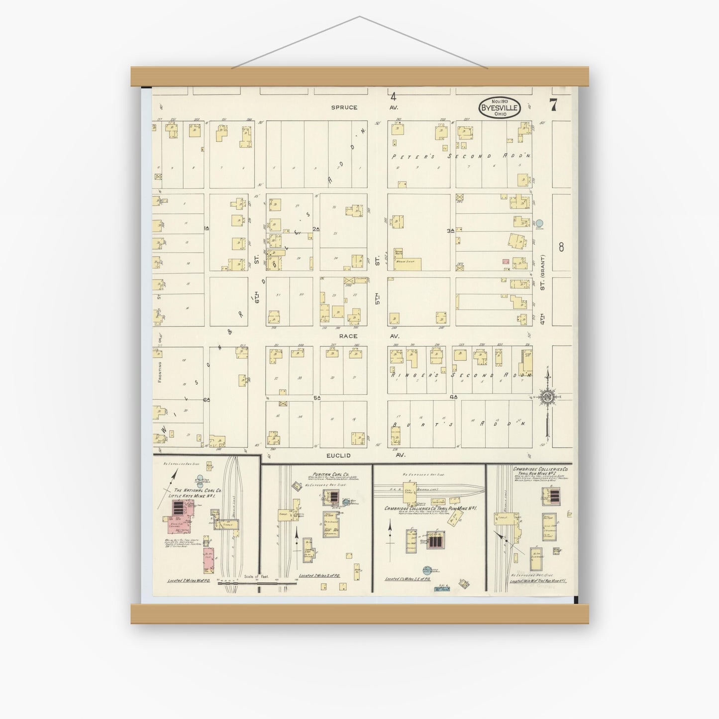 Old map wall art mockup — magnetic wood frame on white wall — Sanborn Fire Insurance Map from Byesville, Guernsey County, Ohio (1913), Sheet #0007