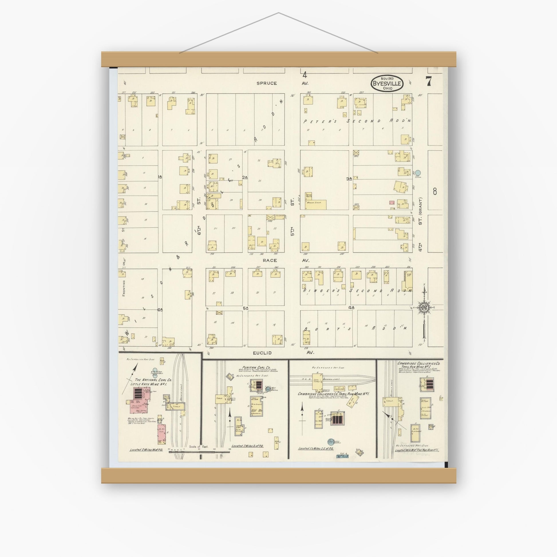 Old map wall art mockup — magnetic wood frame on white wall — Sanborn Fire Insurance Map from Byesville, Guernsey County, Ohio (1913), Sheet #0007