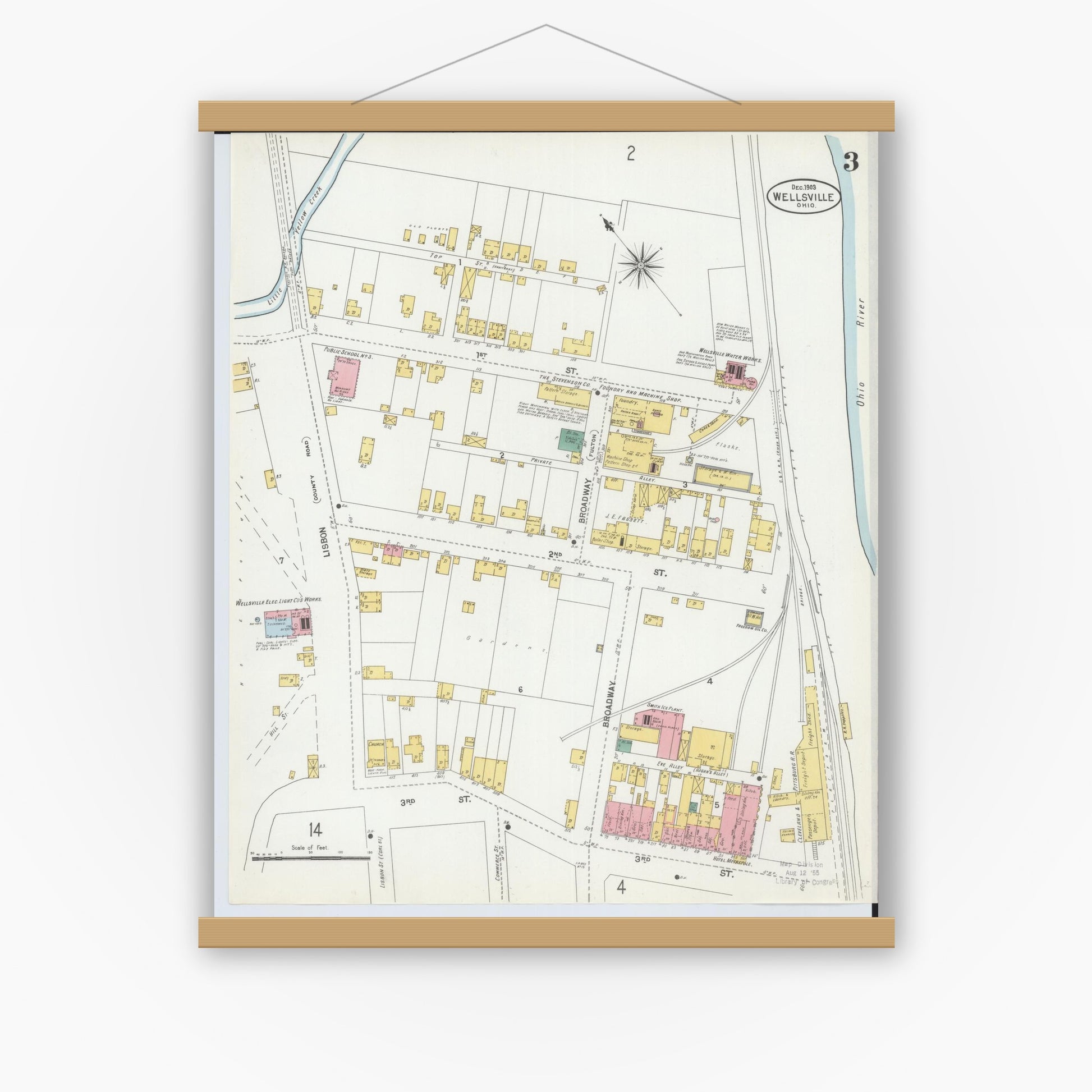 Old map wall art mockup — magnetic wood frame on white wall — Sanborn Fire Insurance Map from Wellsville, Columbiana County, Ohio (1903), Sheet #0003