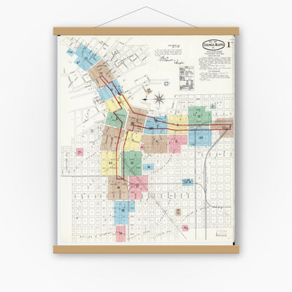 Old map wall art mockup — magnetic wood frame on white wall — Sanborn Fire Insurance Map from Council Bluffs, Pottawattamie County, Iowa (1891) â€” Complete Set