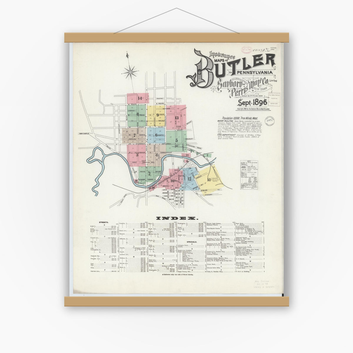 Old map wall art mockup — magnetic wood frame on white wall — Sanborn Fire Insurance Map from Butler, Butler County, Pennsylvania (1896) - Complete Map Set