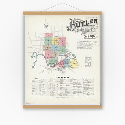 Old map wall art mockup — magnetic wood frame on white wall — Sanborn Fire Insurance Map from Butler, Butler County, Pennsylvania (1896) - Complete Map Set