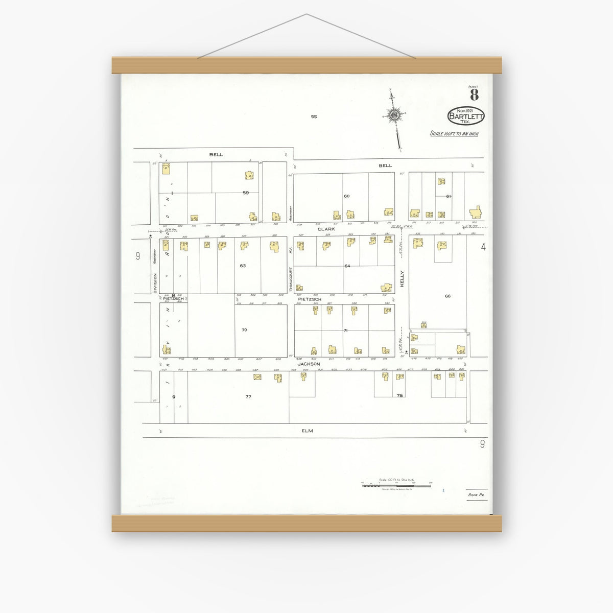 Old map wall art mockup — magnetic wood frame on white wall — Sanborn Fire Insurance Map from Bartlett, Bell and Williamson Counties, Texas (1921), Sheet #0008
