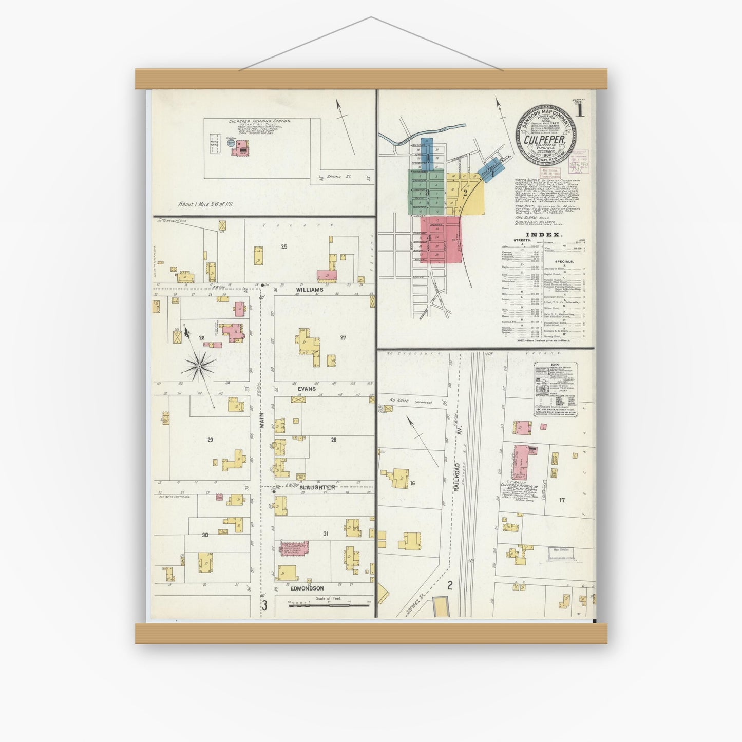 Old map wall art mockup — magnetic wood frame on white wall — Sanborn Fire Insurance Map from Culpeper, Culpeper County, Virginia (1902), Sheet #0001