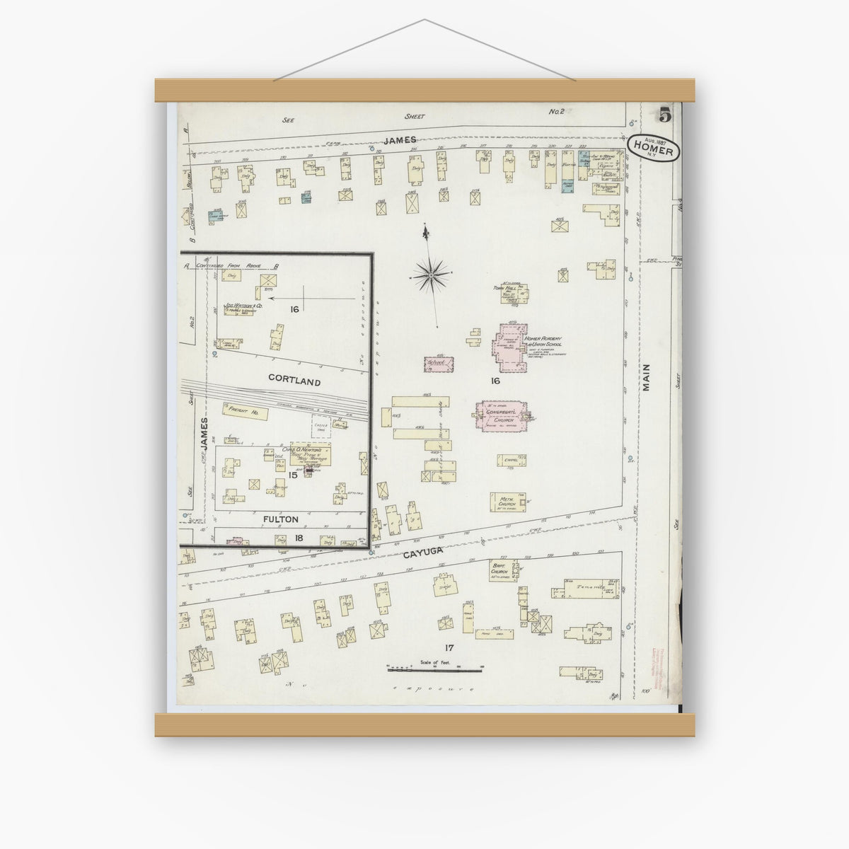 Old map wall art mockup — magnetic wood frame on white wall — Sanborn Fire Insurance Map from Homer, Cortland County, New York (1887), Sheet #0005