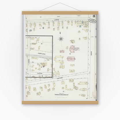 Old map wall art mockup — magnetic wood frame on white wall — Sanborn Fire Insurance Map from Homer, Cortland County, New York (1887), Sheet #0005