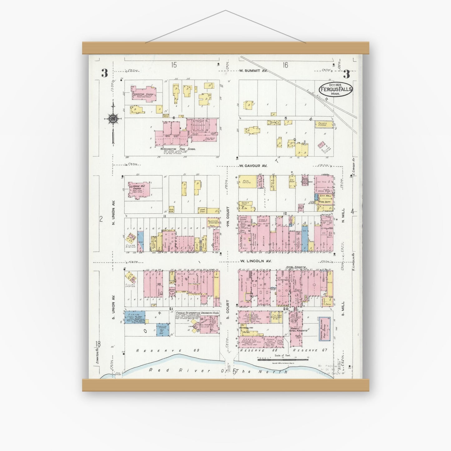 Old map wall art mockup — magnetic wood frame on white wall — Sanborn Fire Insurance Map from Fergus Falls, Otter Tail County, Minnesota (1924), Sheet #0003