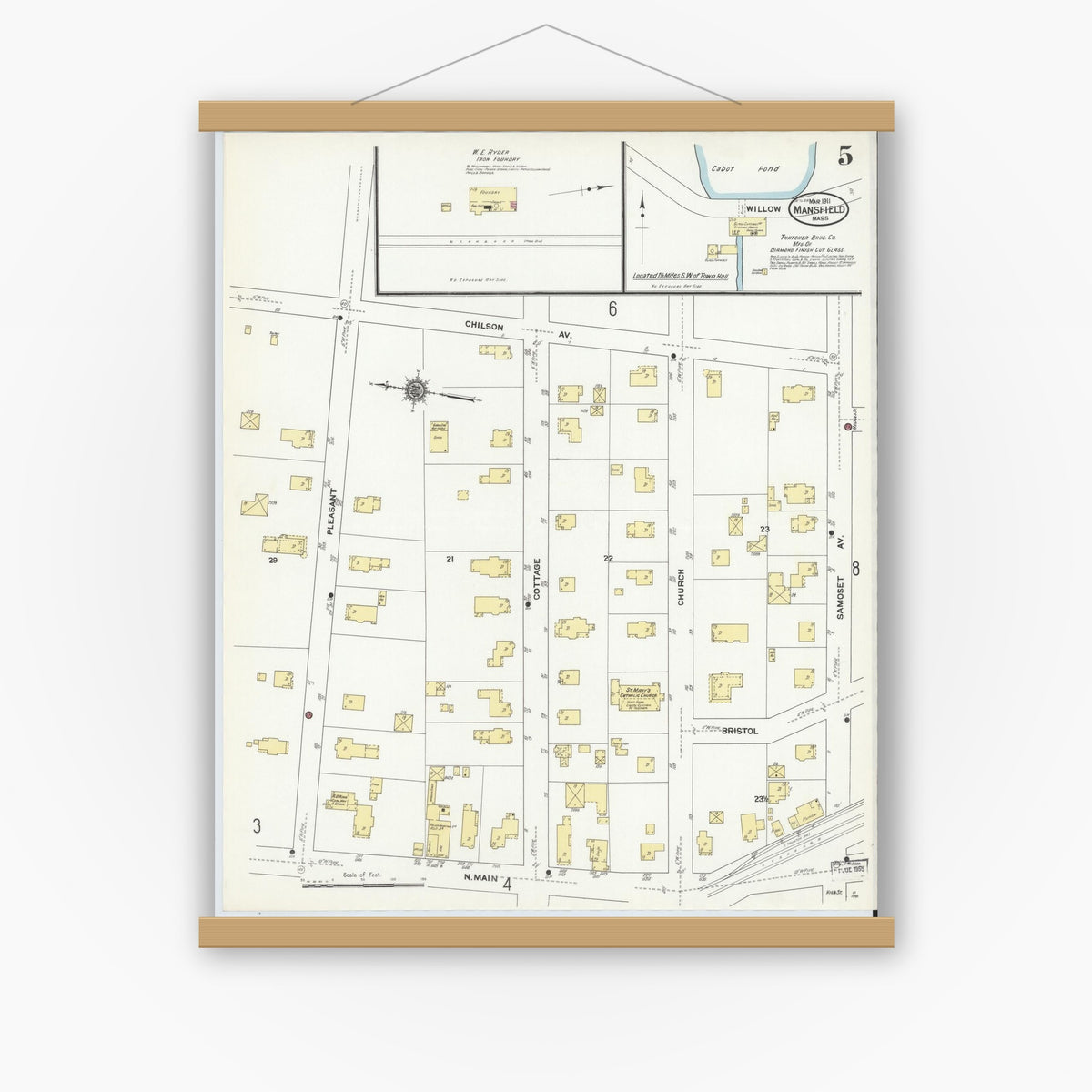 Old map wall art mockup — magnetic wood frame on white wall — Sanborn Fire Insurance Map from Mansfield, Bristol County, Massachusetts (1911), Sheet #0005