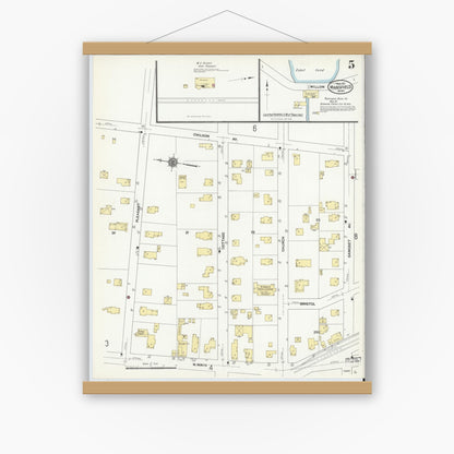 Old map wall art mockup — magnetic wood frame on white wall — Sanborn Fire Insurance Map from Mansfield, Bristol County, Massachusetts (1911), Sheet #0005