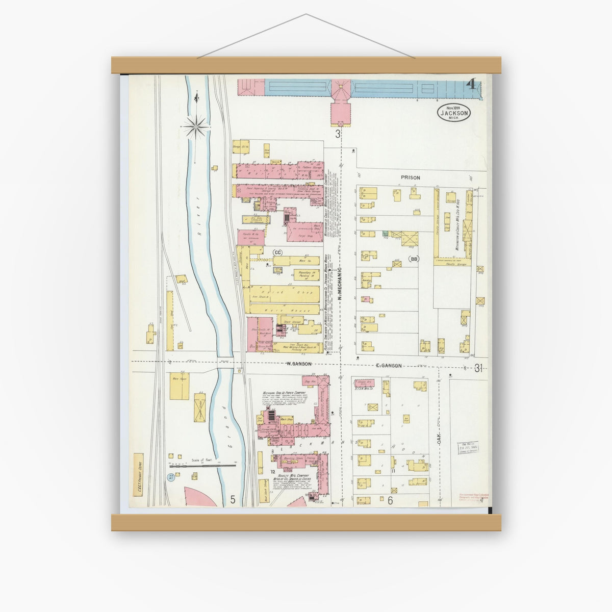 Old map wall art mockup — magnetic wood frame on white wall — Sanborn Fire Insurance Map from Jackson, Jackson County, Michigan (1899), Sheet #0004