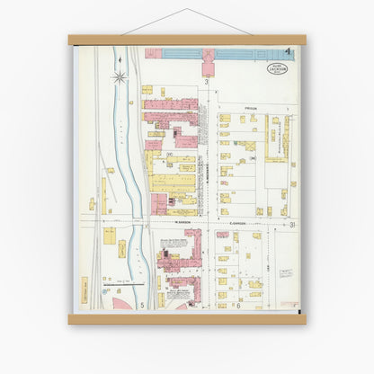 Old map wall art mockup — magnetic wood frame on white wall — Sanborn Fire Insurance Map from Jackson, Jackson County, Michigan (1899), Sheet #0004