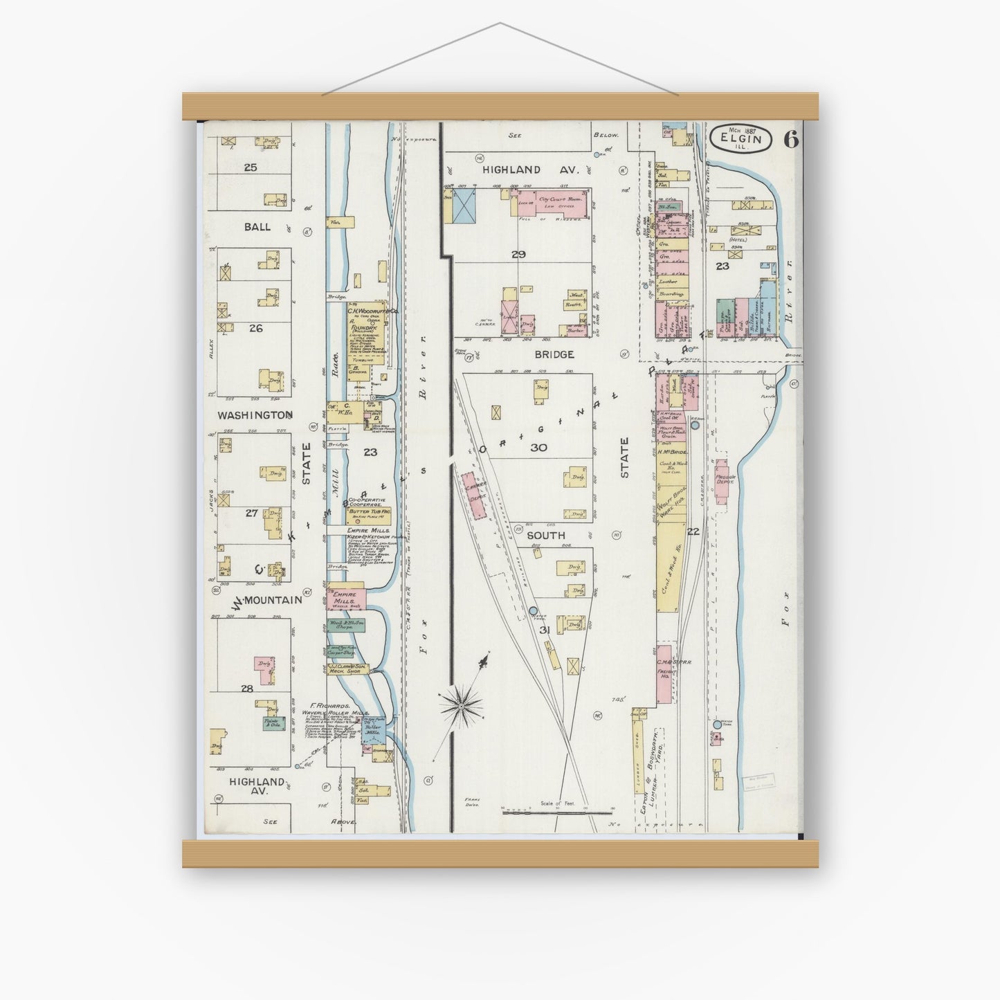 Old map wall art mockup — magnetic wood frame on white wall — Sanborn Fire Insurance Map from Elgin, Kane County, Illinois (1887), Sheet #0006
