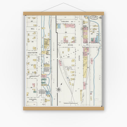 Old map wall art mockup — magnetic wood frame on white wall — Sanborn Fire Insurance Map from Elgin, Kane County, Illinois (1887), Sheet #0006