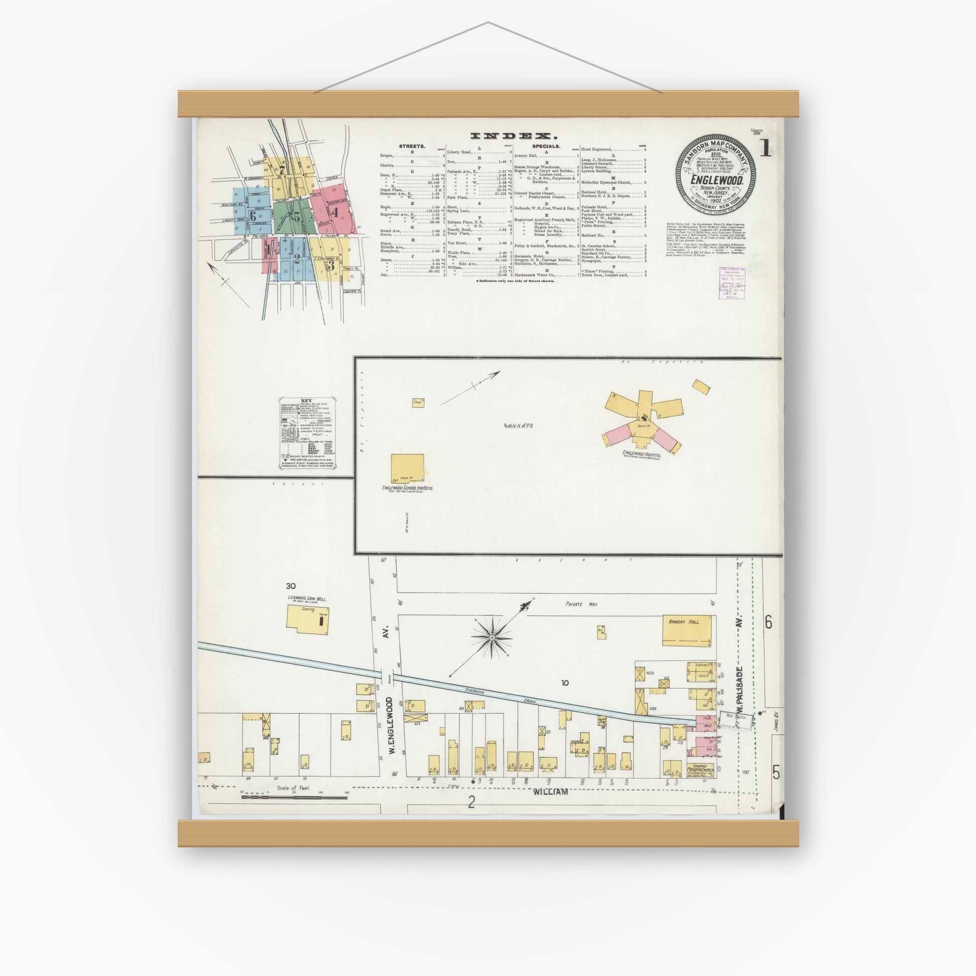 Old map wall art mockup — magnetic wood frame on white wall — Sanborn Fire Insurance Map from Englewood, Bergen County, New Jersey (1902) - Complete Map Set