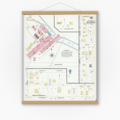 Old map wall art mockup — magnetic wood frame on white wall — Sanborn Fire Insurance Map from Rhinelander, Oneida County, Wisconsin (1908), Sheet #0012