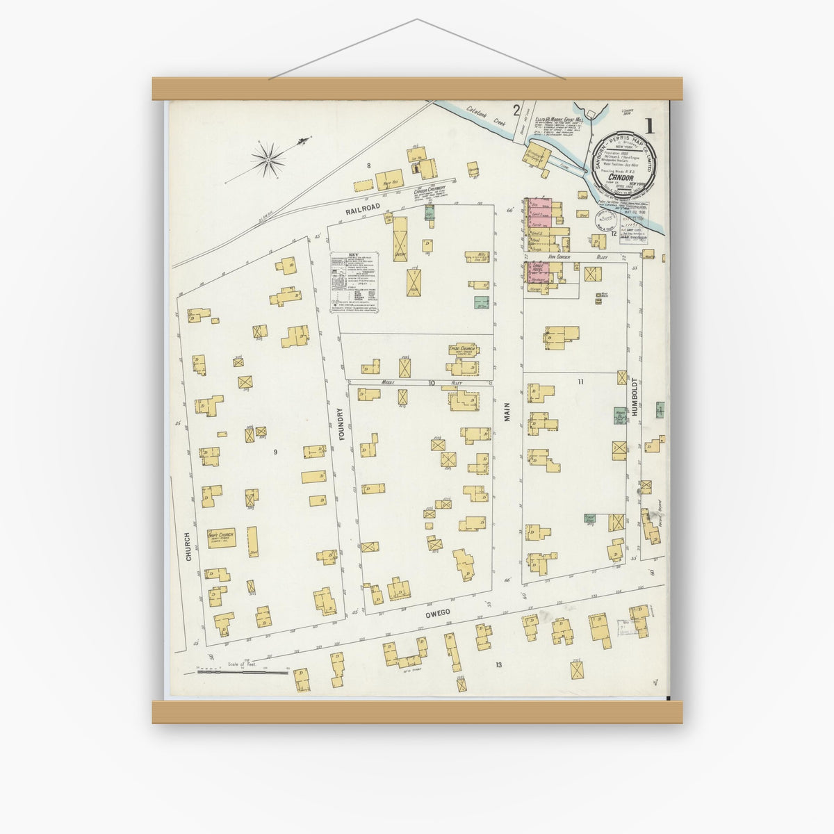 Old map wall art mockup — magnetic wood frame on white wall — Sanborn Fire Insurance Map from Candor, Tioga County, New York (1900) - Complete Map Set