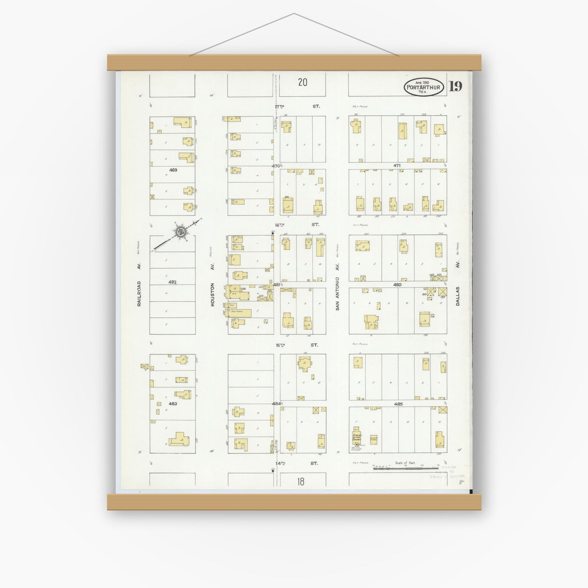Old map wall art mockup — magnetic wood frame on white wall — Sanborn Fire Insurance Map from Port Arthur, Jefferson County, Texas (1910), Sheet #0019