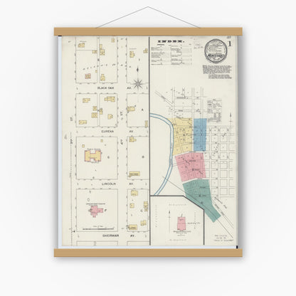 Old map wall art mockup — magnetic wood frame on white wall — Sanborn Fire Insurance Map from Montevideo, Chippewa County, Minnesota (1893), Sheet #0001