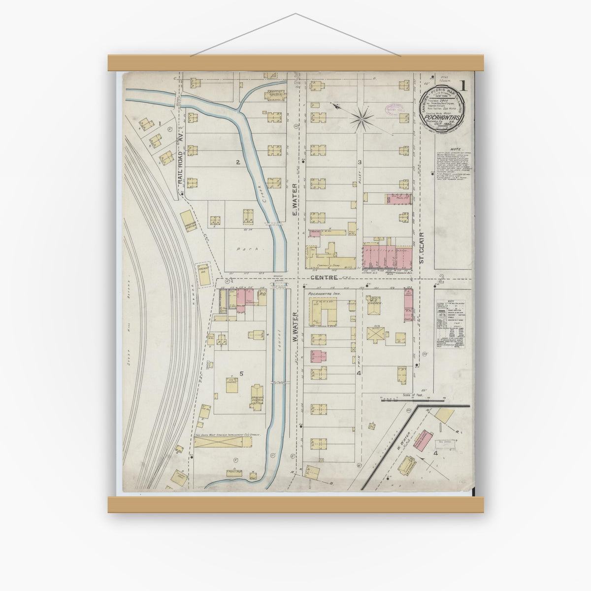 Old map wall art mockup — magnetic wood frame on white wall — Sanborn Fire Insurance Map from Pocahontas, Tazewell County, Virginia (1893) - Complete Map Set