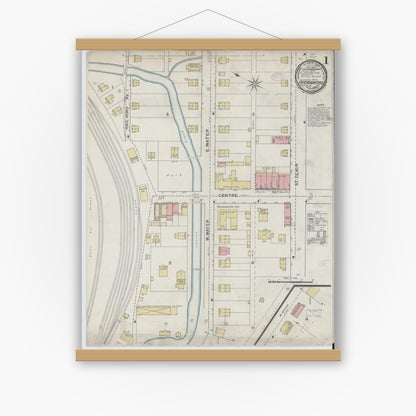 Old map wall art mockup — magnetic wood frame on white wall — Sanborn Fire Insurance Map from Pocahontas, Tazewell County, Virginia (1893) - Complete Map Set
