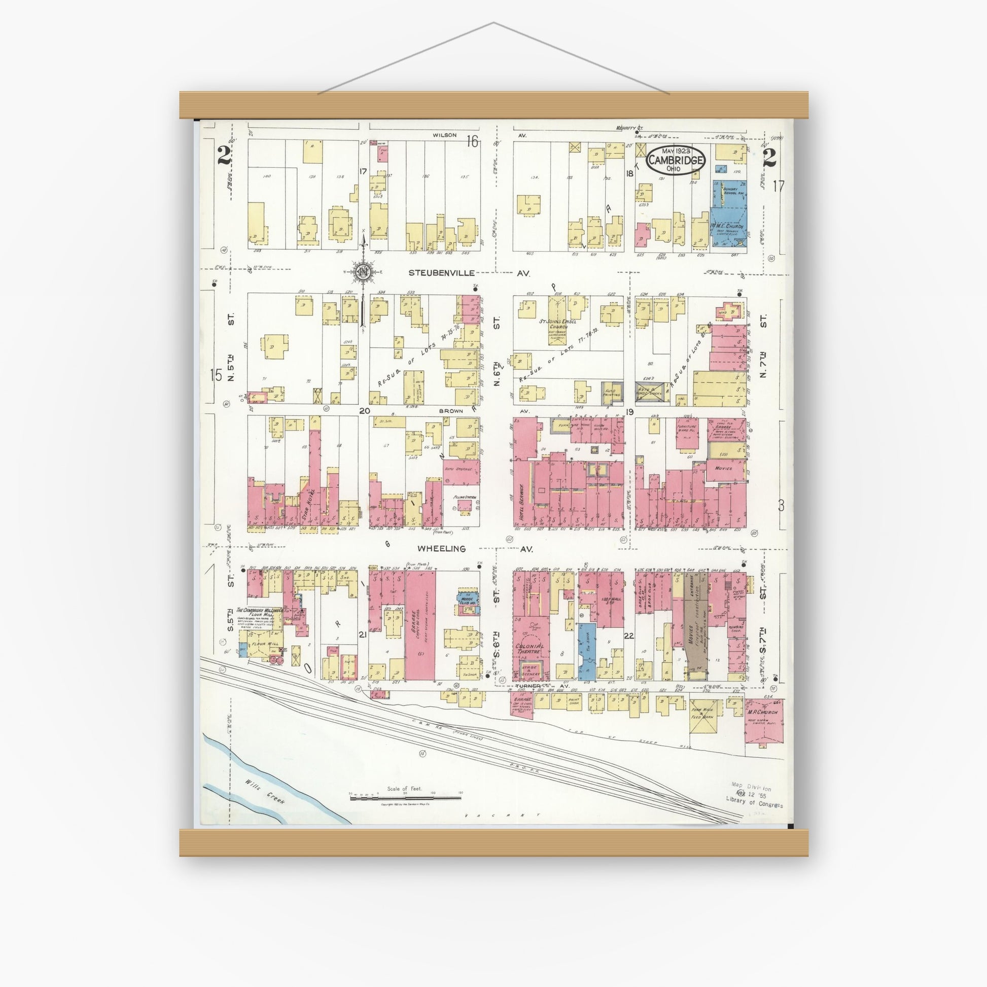 Old map wall art mockup — magnetic wood frame on white wall — Sanborn Fire Insurance Map from Cambridge, Guernsey County, Ohio (1923), Sheet #0002
