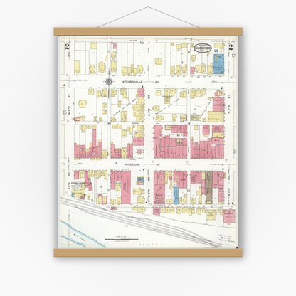 Old map wall art mockup — magnetic wood frame on white wall — Sanborn Fire Insurance Map from Cambridge, Guernsey County, Ohio (1923), Sheet #0002