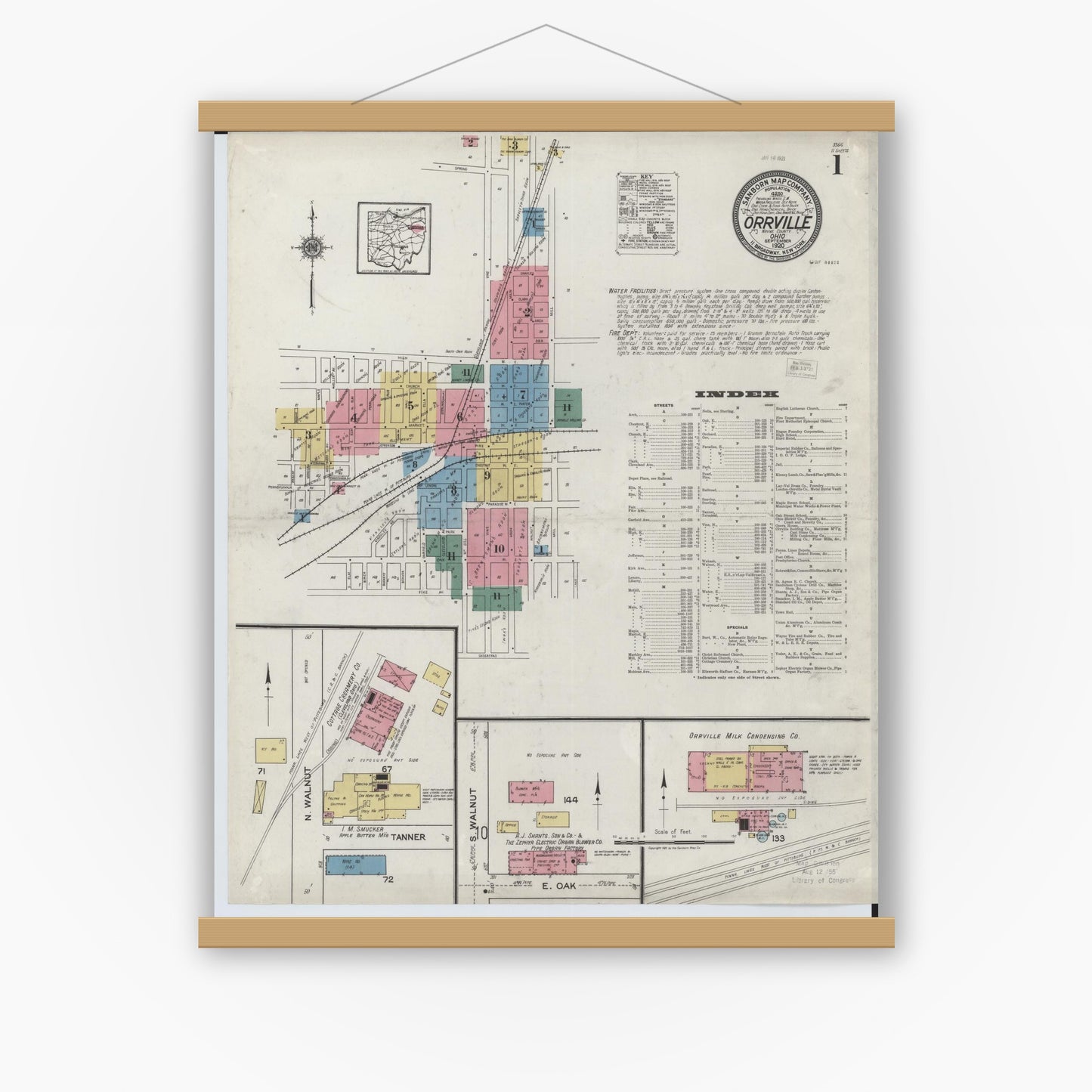 Old map wall art mockup — magnetic wood frame on white wall — Sanborn Fire Insurance Map from Orrville, Wayne County, Ohio (1920) - Complete Map Set