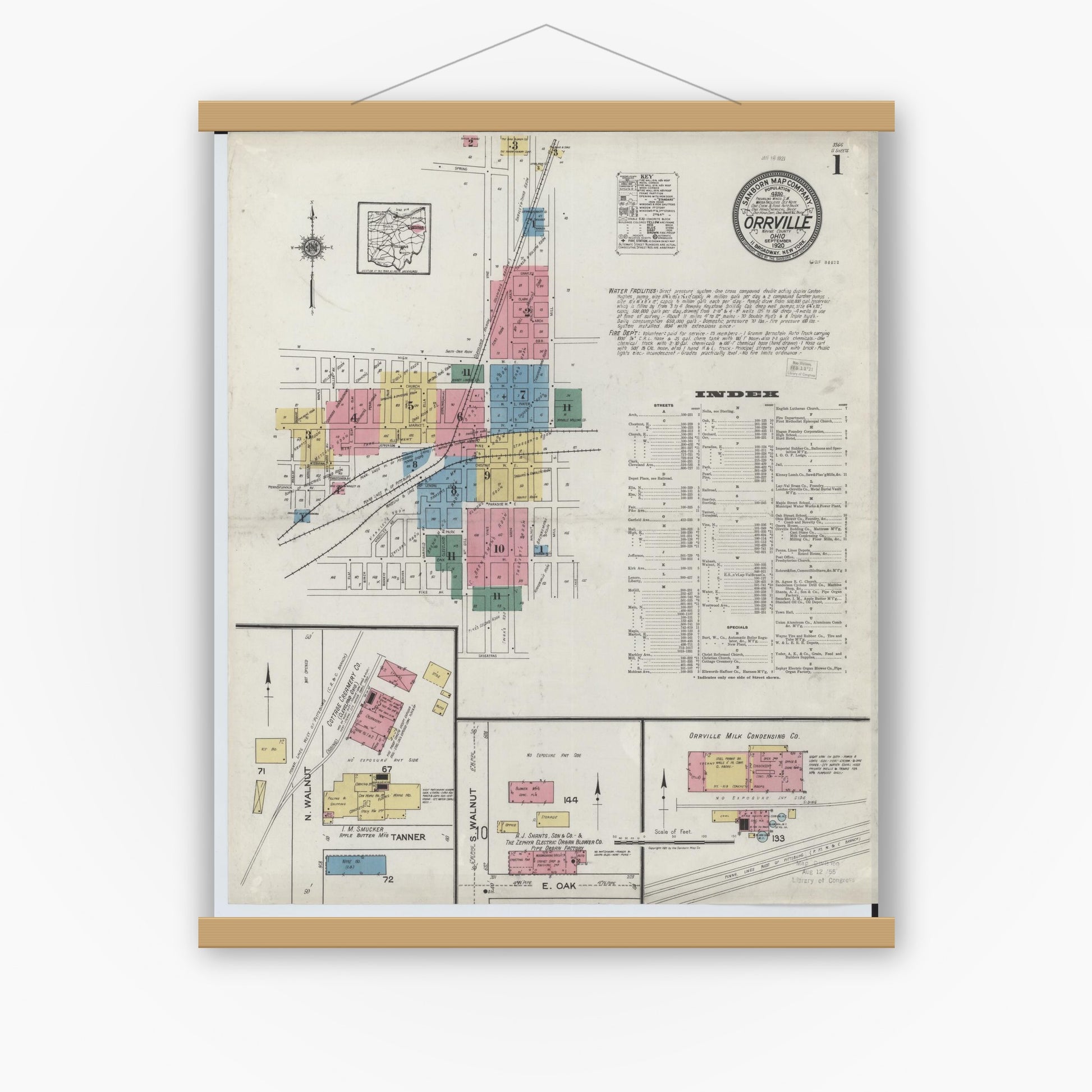 Old map wall art mockup — magnetic wood frame on white wall — Sanborn Fire Insurance Map from Orrville, Wayne County, Ohio (1920) - Complete Map Set
