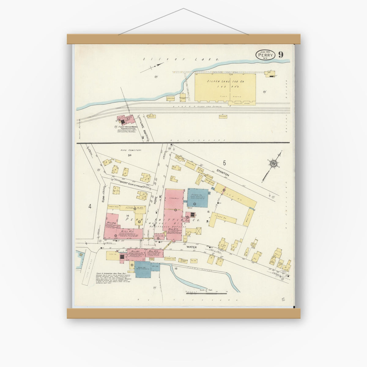 Old map wall art mockup — magnetic wood frame on white wall — Sanborn Fire Insurance Map from Perry, Wyoming County, New York (1913), Sheet #0009