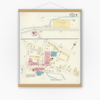 Old map wall art mockup — magnetic wood frame on white wall — Sanborn Fire Insurance Map from Perry, Wyoming County, New York (1913), Sheet #0009