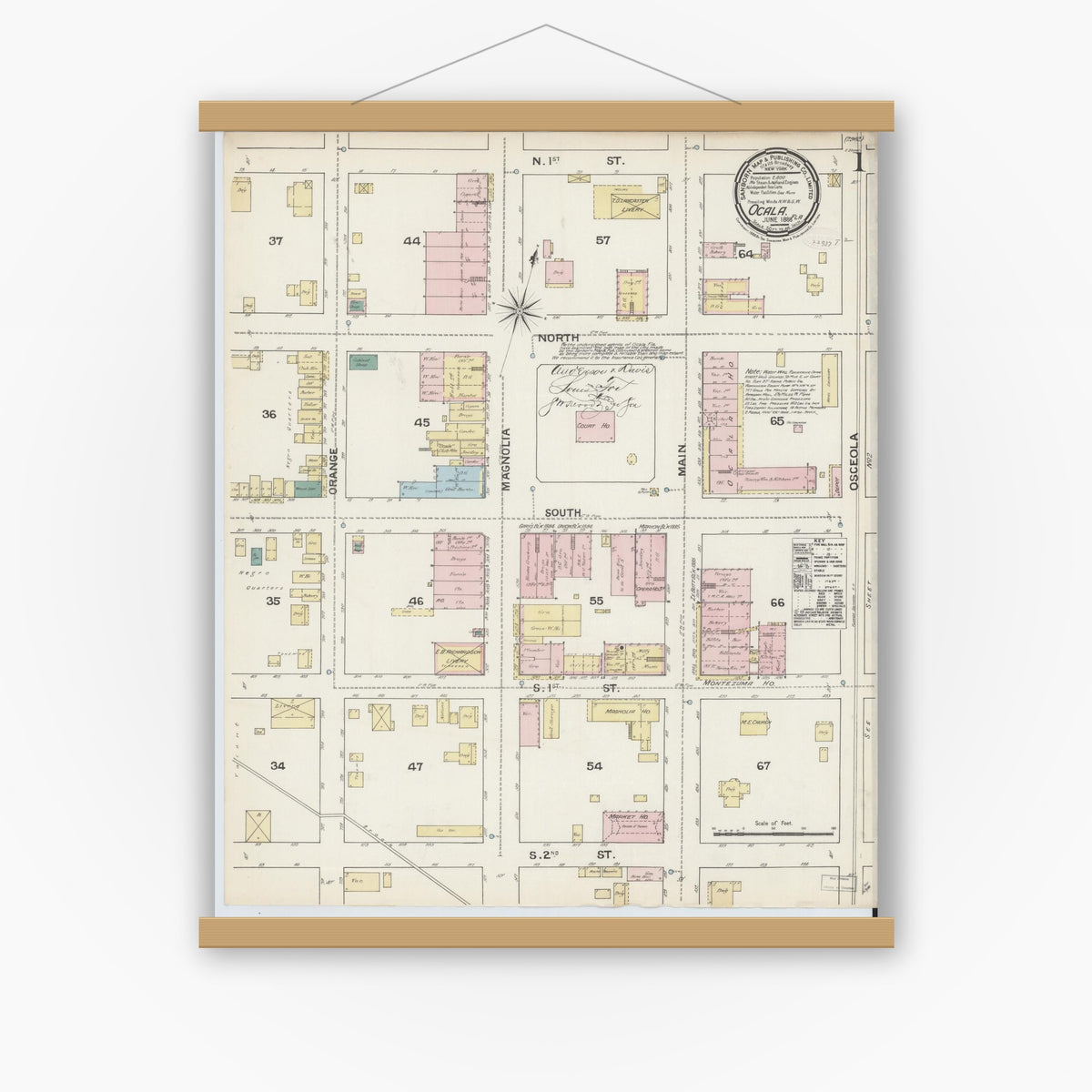 Old map wall art mockup — magnetic wood frame on white wall — Sanborn Fire Insurance Map from Ocala, Marion County, Florida (1888), Sheet #0001