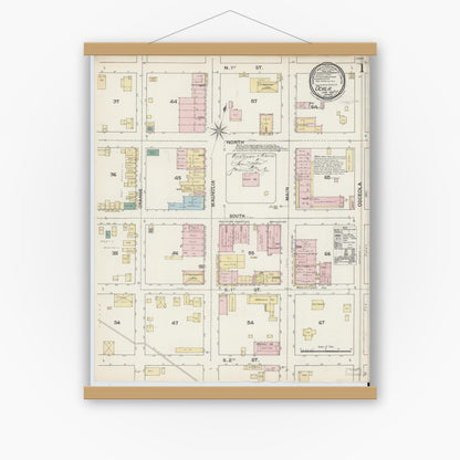 Old map wall art mockup — magnetic wood frame on white wall — Sanborn Fire Insurance Map from Ocala, Marion County, Florida (1888), Sheet #0001