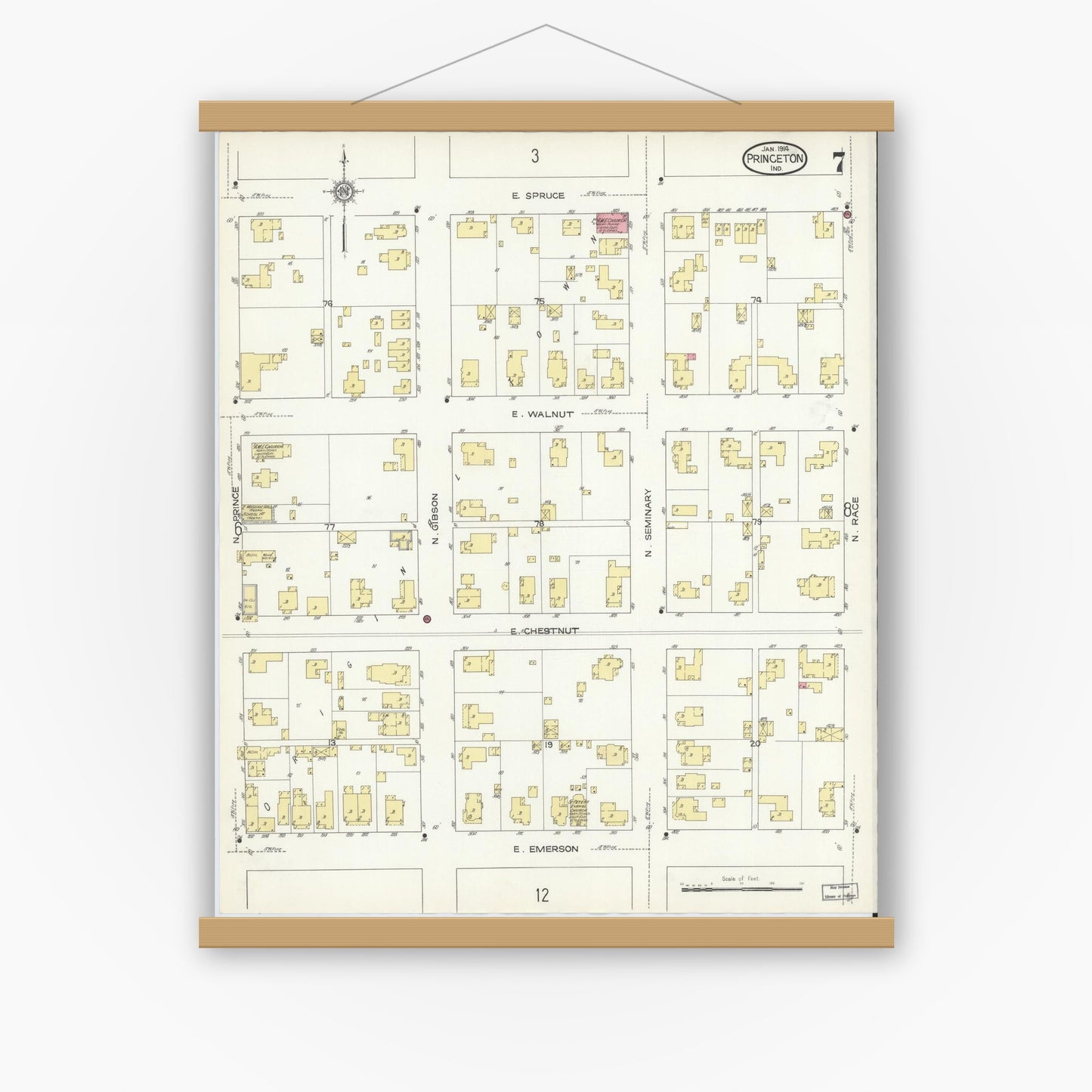 Old map wall art mockup — magnetic wood frame on white wall — Sanborn Fire Insurance Map from Princeton, Gibson County, Indiana (1914), Sheet #0007
