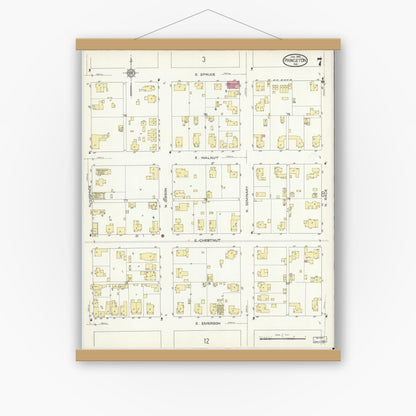 Old map wall art mockup — magnetic wood frame on white wall — Sanborn Fire Insurance Map from Princeton, Gibson County, Indiana (1914), Sheet #0007