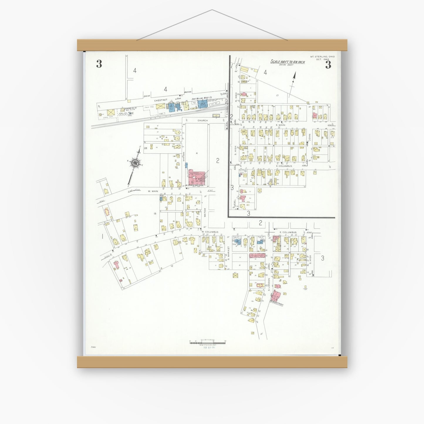 Old map wall art mockup — magnetic wood frame on white wall — Sanborn Fire Insurance Map from Mount Sterling, Madison County, Ohio (1940), Sheet #0003