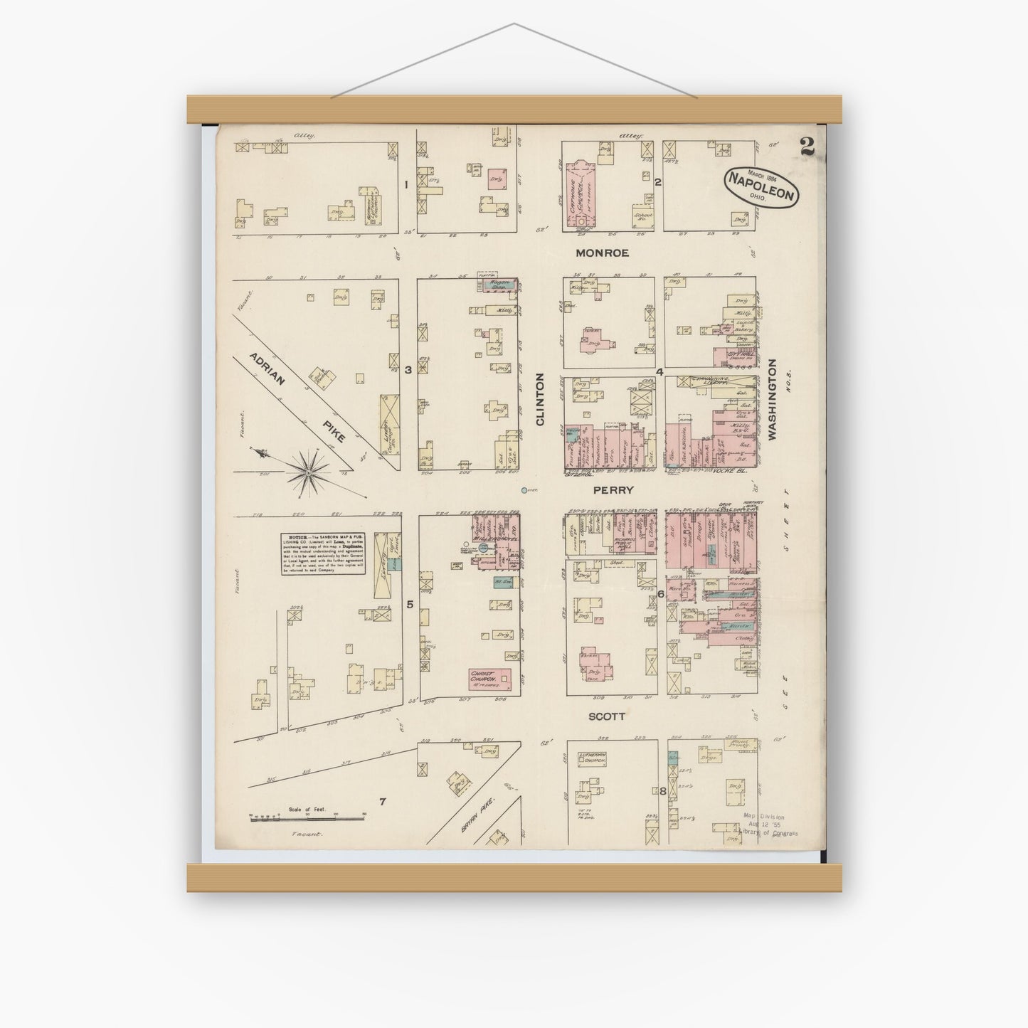 Old map wall art mockup — magnetic wood frame on white wall — Sanborn Fire Insurance Map from Napoleon, Henry County, Ohio (1884), Sheet #0002