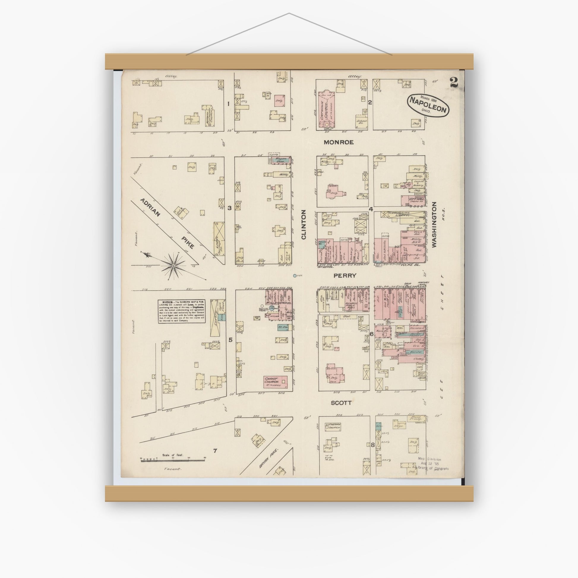 Old map wall art mockup — magnetic wood frame on white wall — Sanborn Fire Insurance Map from Napoleon, Henry County, Ohio (1884), Sheet #0002