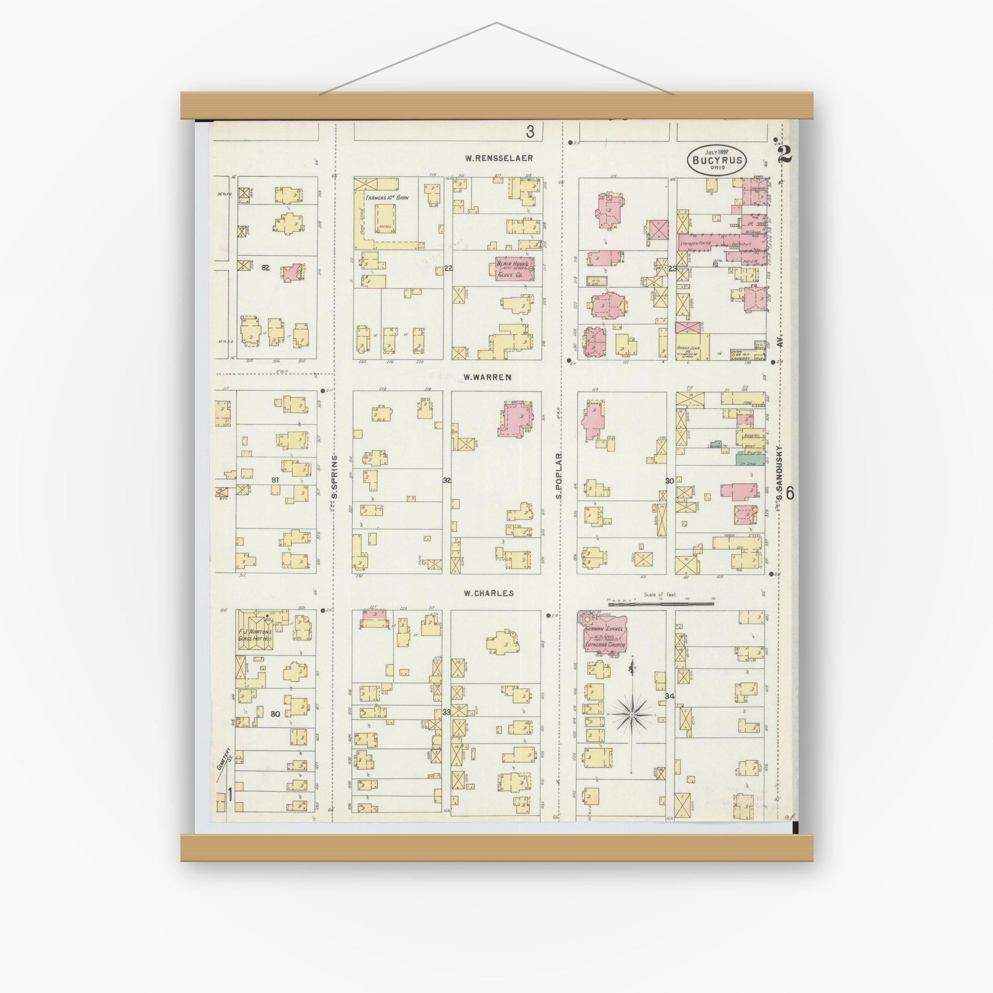 Old map wall art mockup — magnetic wood frame on white wall — Sanborn Fire Insurance Map from Bucyrus, Crawford County, Ohio (1897), Sheet #0002
