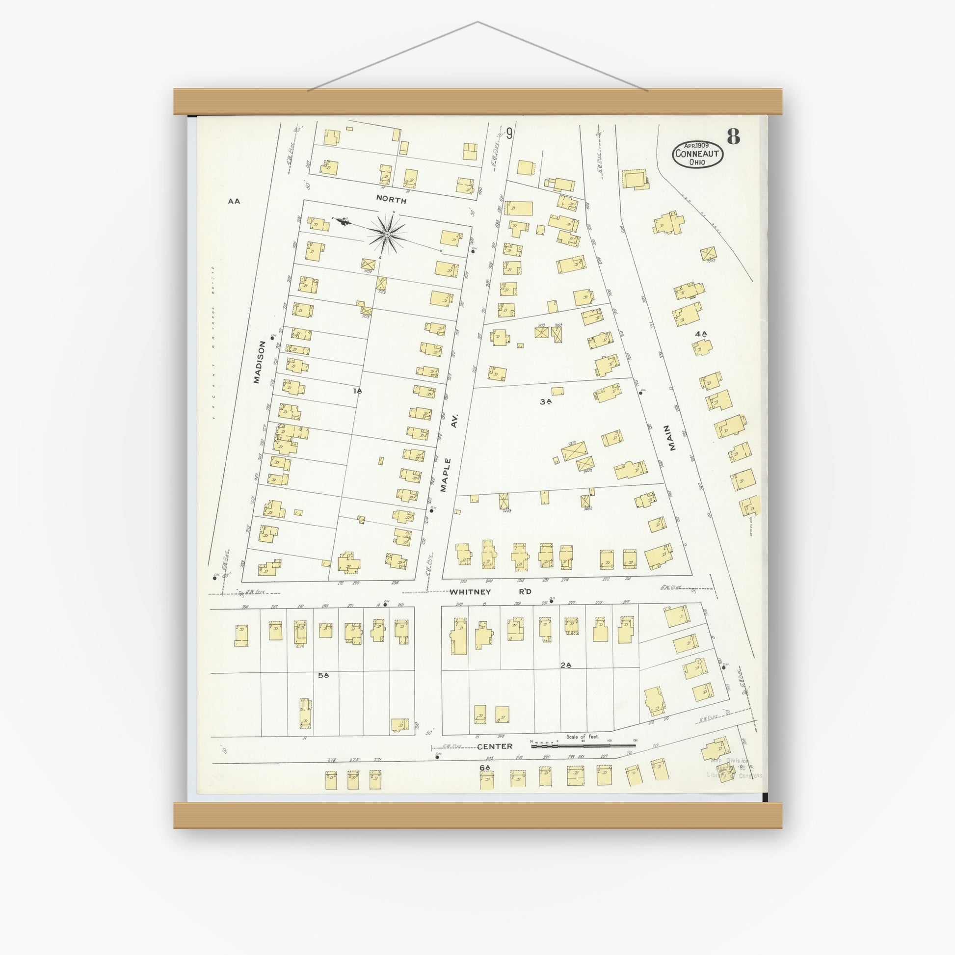 Old map wall art mockup — magnetic wood frame on white wall — Sanborn Fire Insurance Map from Conneaut, Ashtabula County, Ohio (1909), Sheet #0008