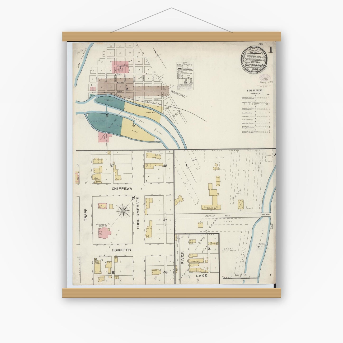 Old map wall art mockup — magnetic wood frame on white wall — Sanborn Fire Insurance Map from Ontonagon, Ontonagon County, Michigan (1893) - Complete Map Set