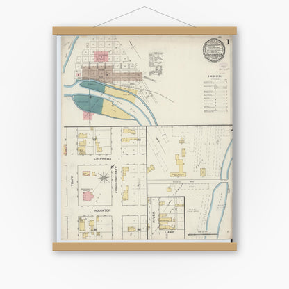 Old map wall art mockup — magnetic wood frame on white wall — Sanborn Fire Insurance Map from Ontonagon, Ontonagon County, Michigan (1893) - Complete Map Set