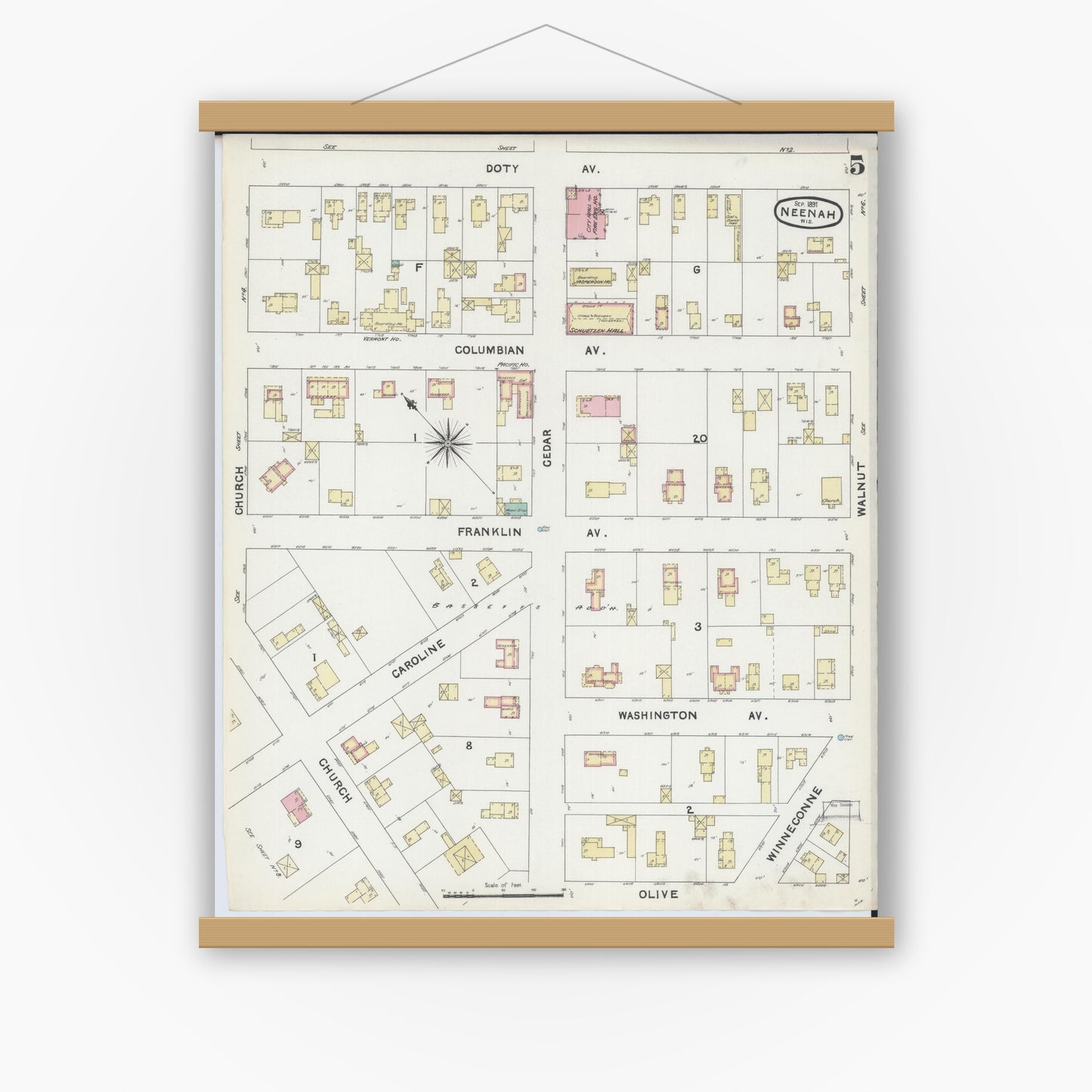 Old map wall art mockup — magnetic wood frame on white wall — Sanborn Fire Insurance Map from Neenah, Winnebago County, Wisconsin (1891), Sheet #0005