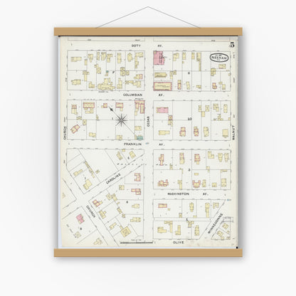 Old map wall art mockup — magnetic wood frame on white wall — Sanborn Fire Insurance Map from Neenah, Winnebago County, Wisconsin (1891), Sheet #0005